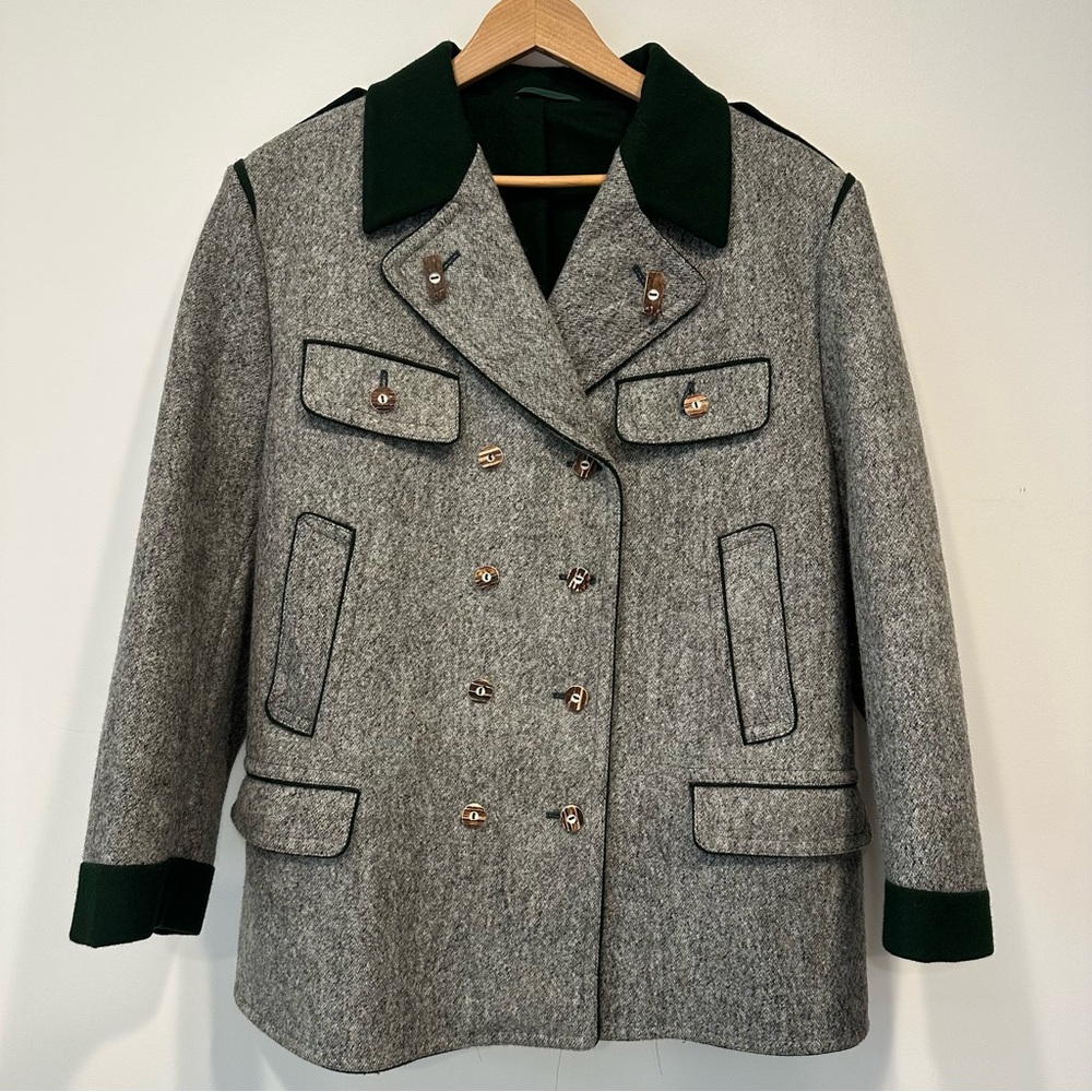 Men's Gray & Green Wool Military Hunting Jacket with wood buttons size 42/XL